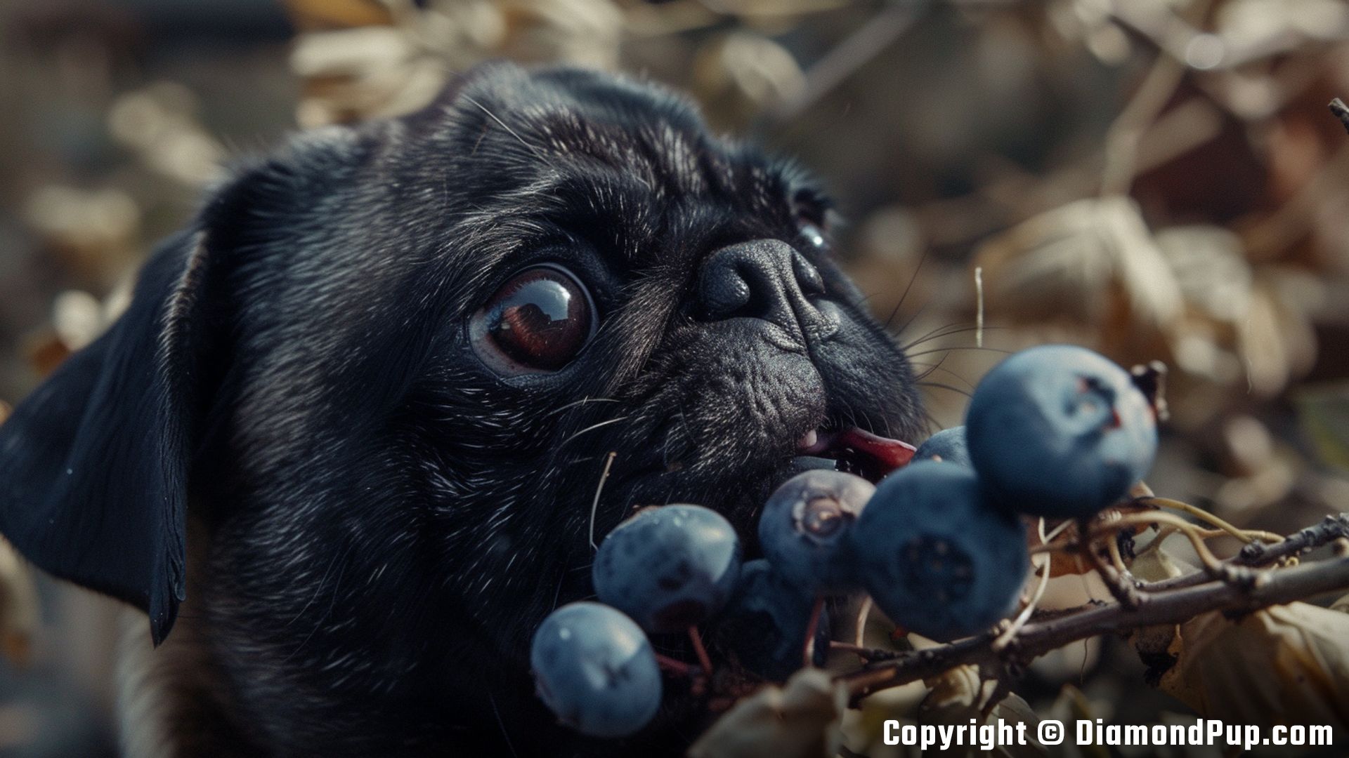 Photo of a Happy Pug Snacking on Blueberries