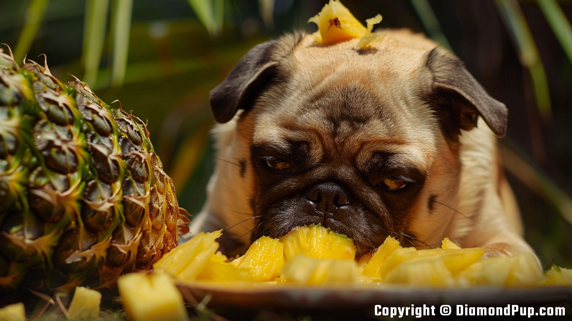 Photo of a Happy Pug Snacking on Pineapple