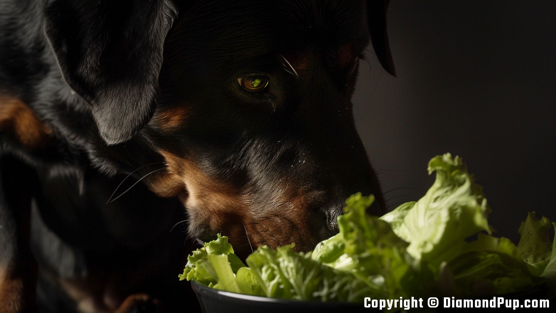 Photo of a Happy Rottweiler Snacking on Lettuce