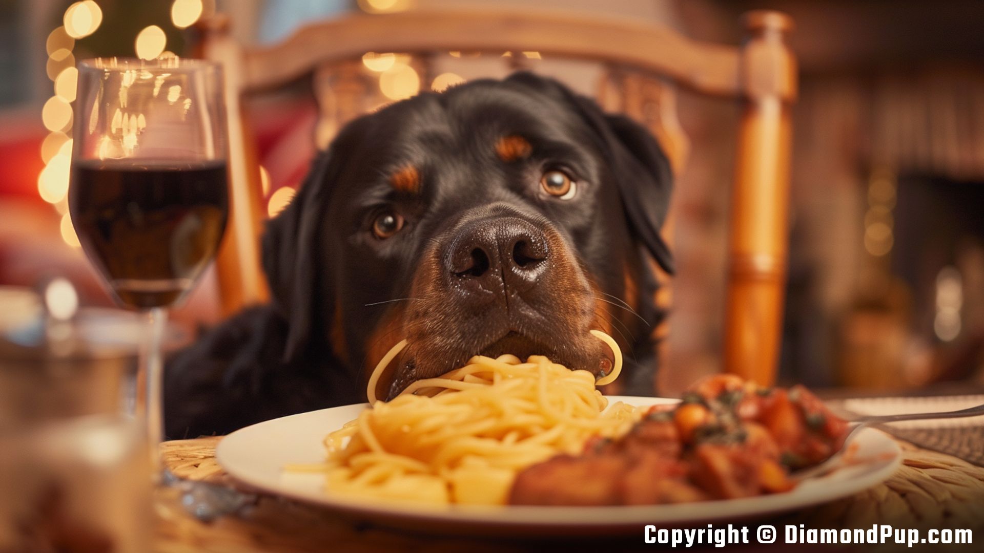 Photo of a Happy Rottweiler Snacking on Pasta