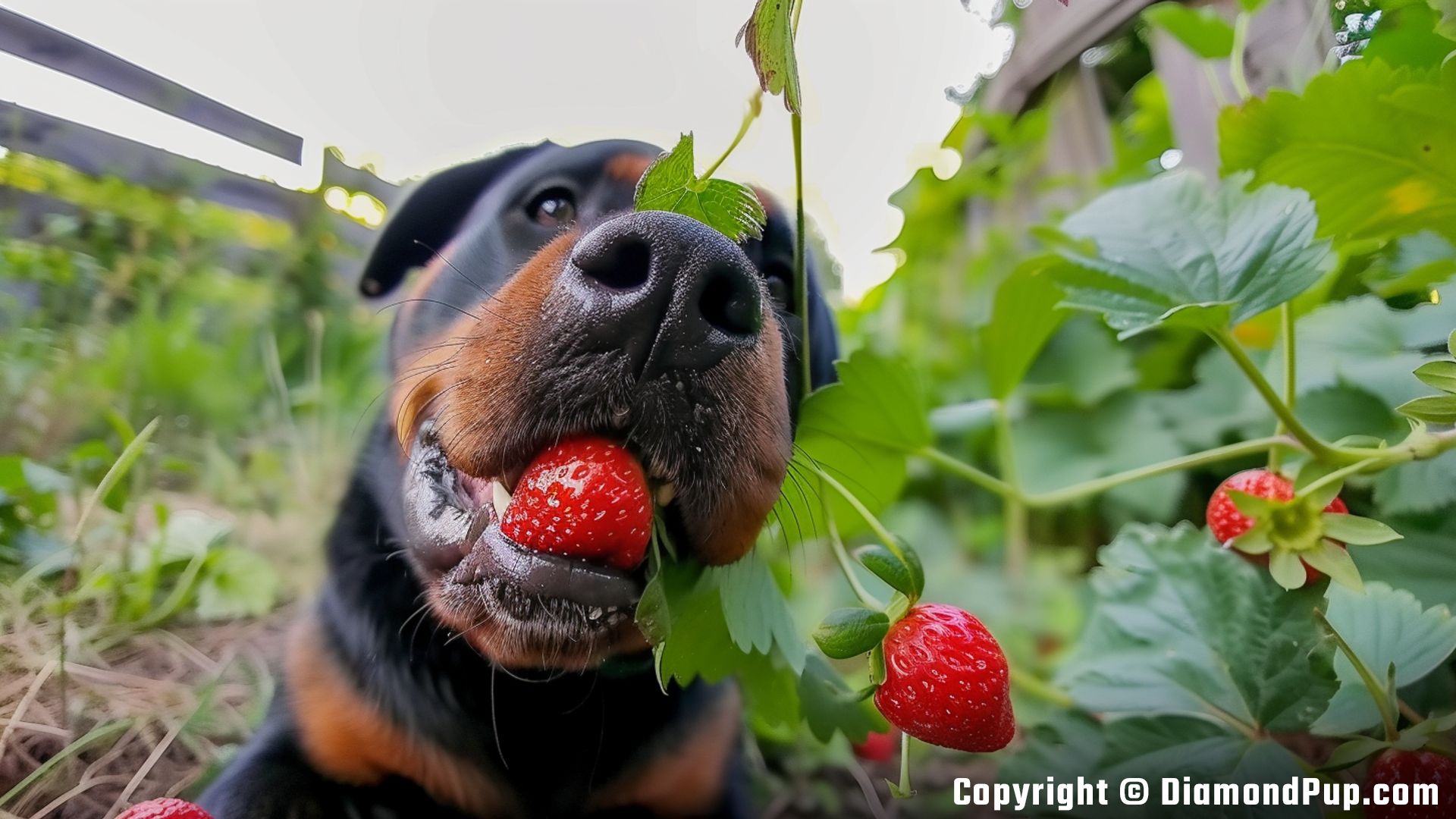 Photo of a Happy Rottweiler Snacking on Strawberries