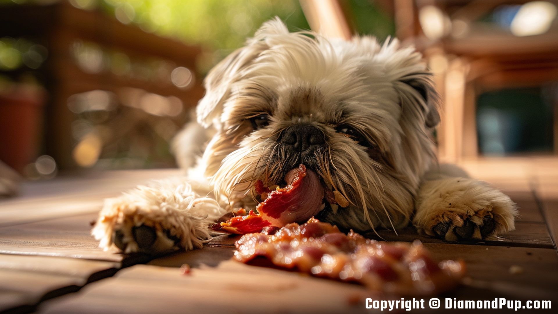 Photo of a Happy Shih Tzu Eating Bacon