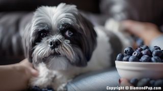 Photo of a Happy Shih Tzu Eating Blueberries