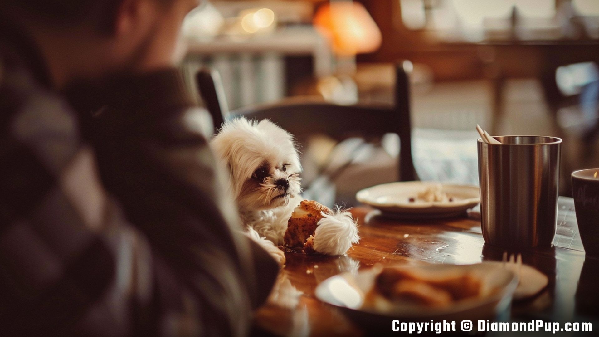 Photo of a Happy Shih Tzu Eating Chicken