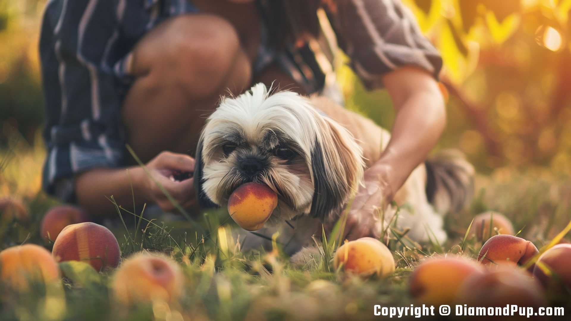 Photo of a Happy Shih Tzu Eating Peaches