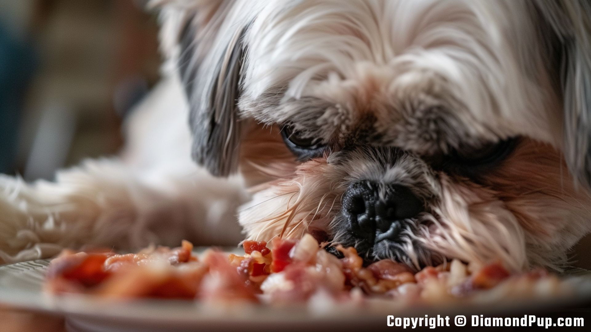 Photo of a Happy Shih Tzu Snacking on Bacon