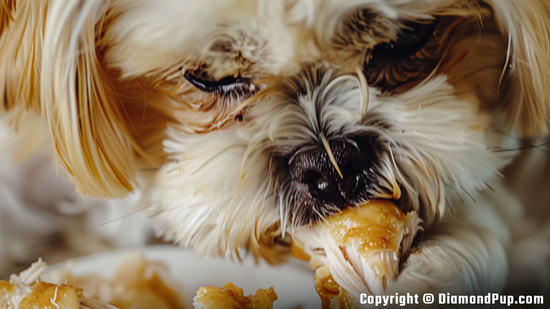 Photo of a Happy Shih Tzu Snacking on Chicken