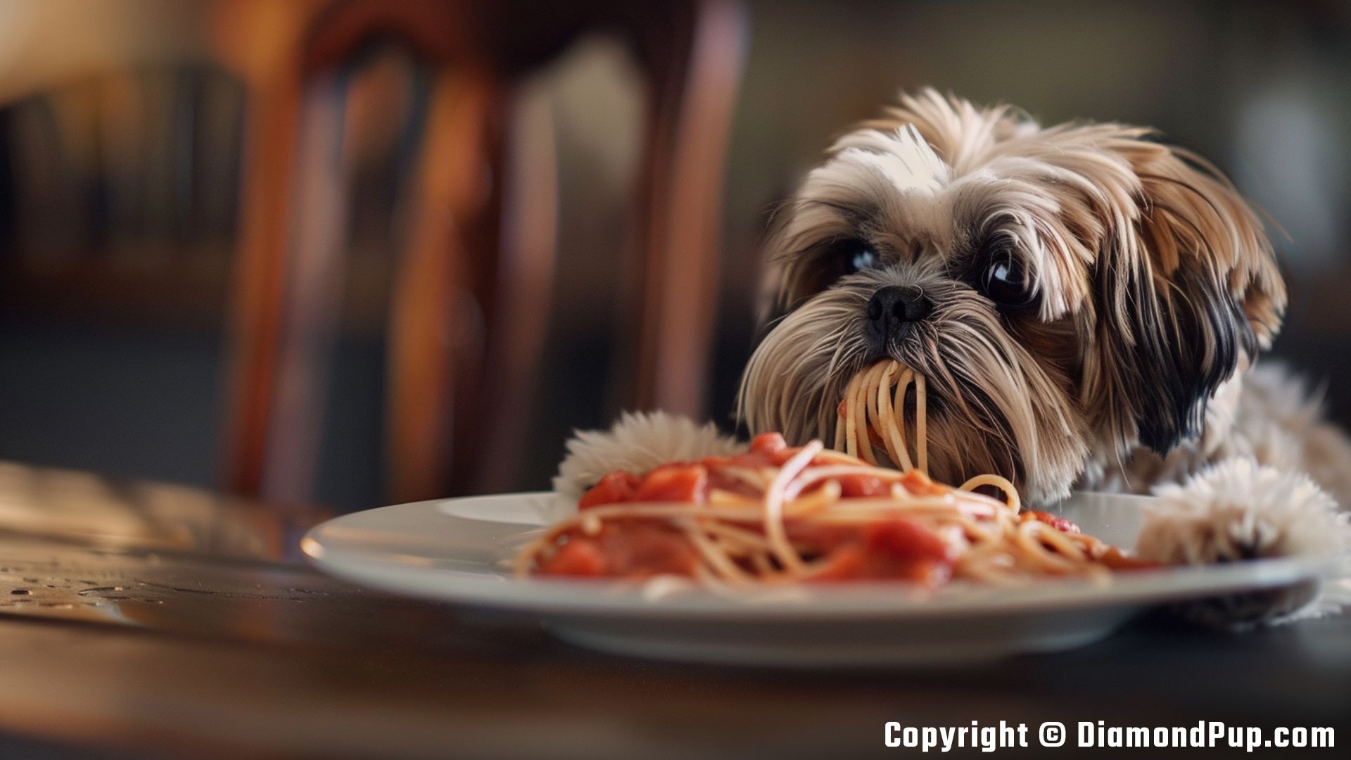 Photo of a Happy Shih Tzu Snacking on Pasta