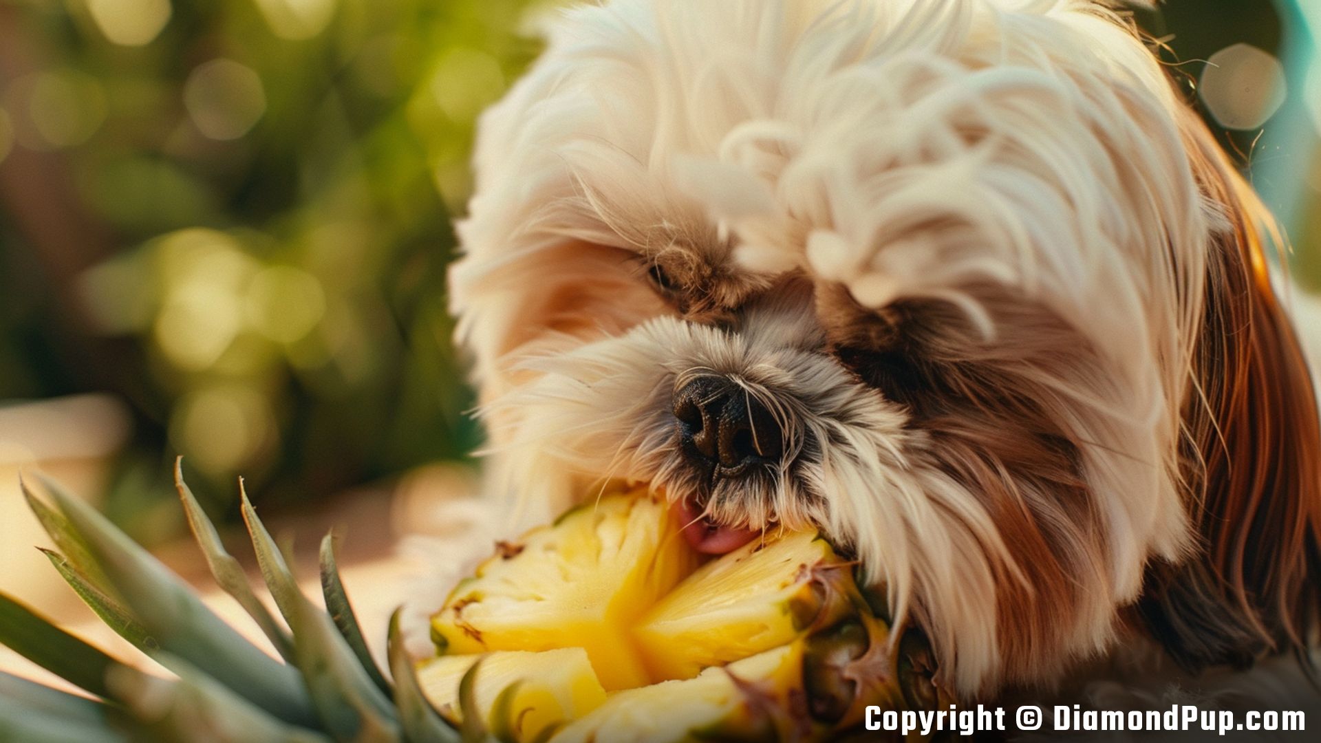 Photo of a Happy Shih Tzu Snacking on Pineapple