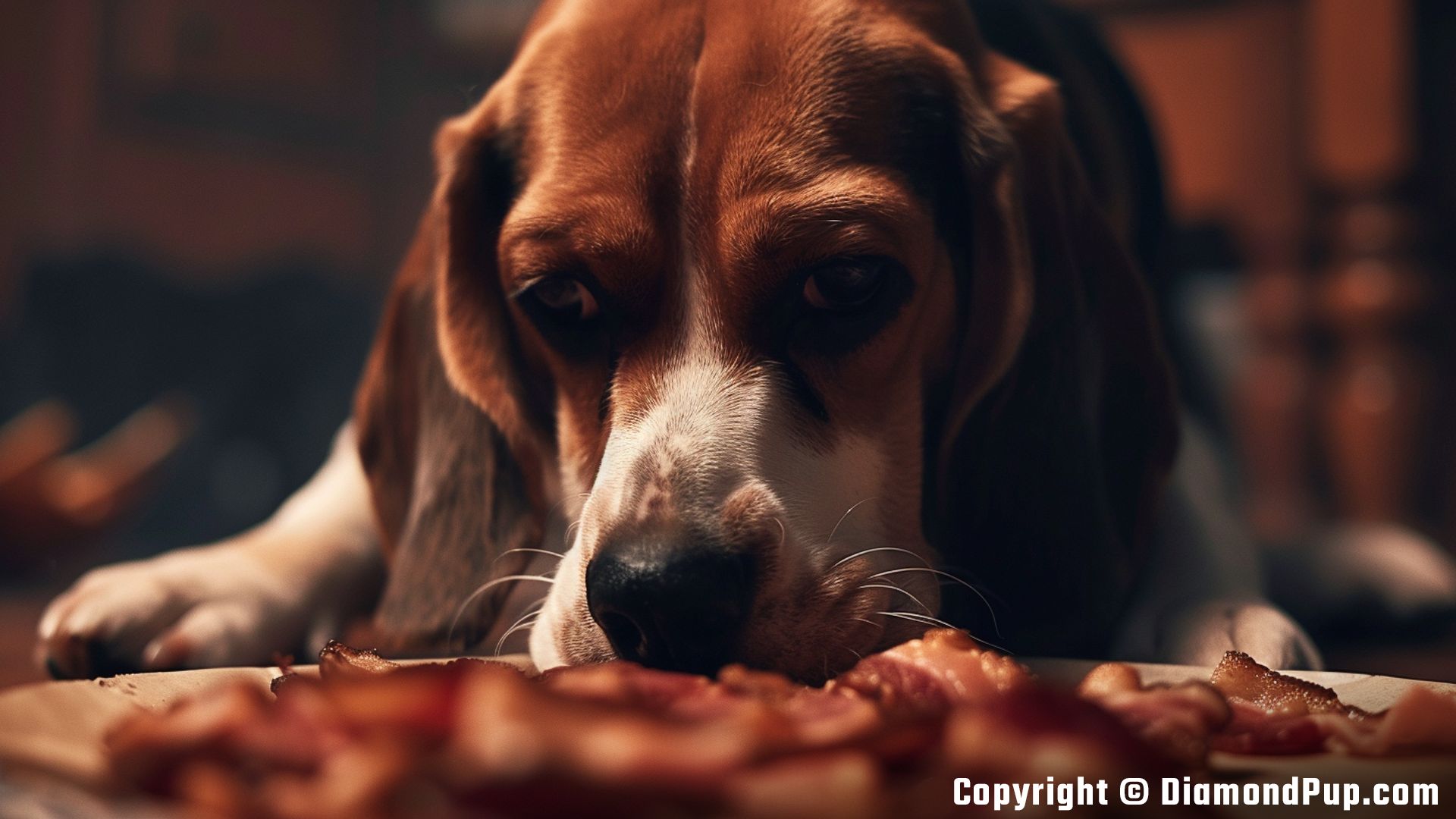 Photo of a Playful Beagle Snacking on Bacon