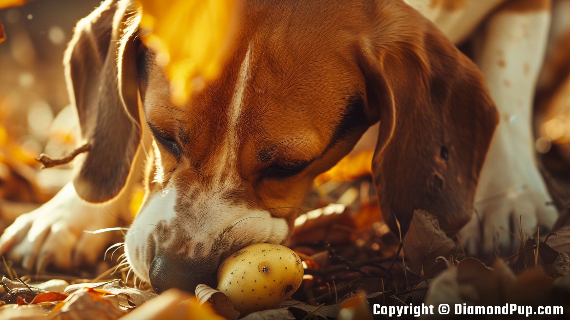 Photo of a Playful Beagle Snacking on Potato