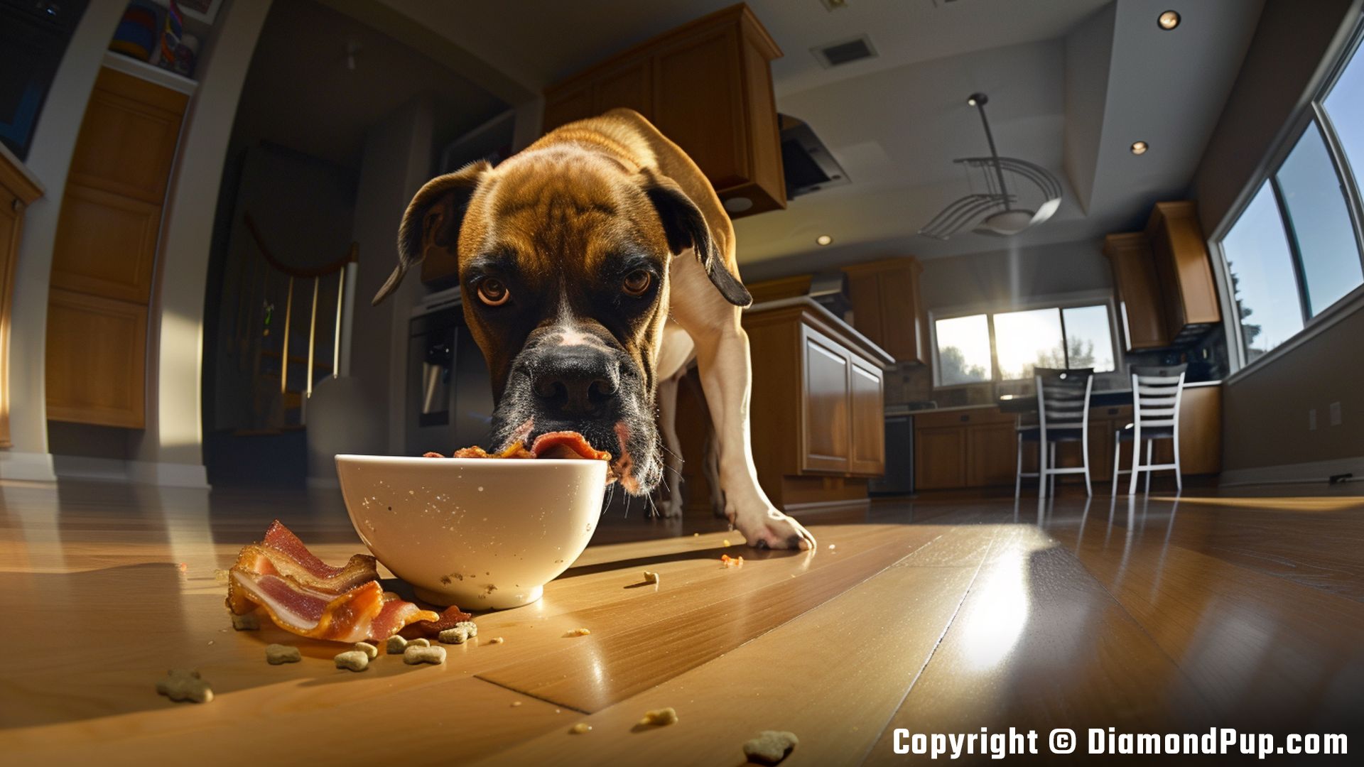 Photo of a Playful Boxer Eating Bacon