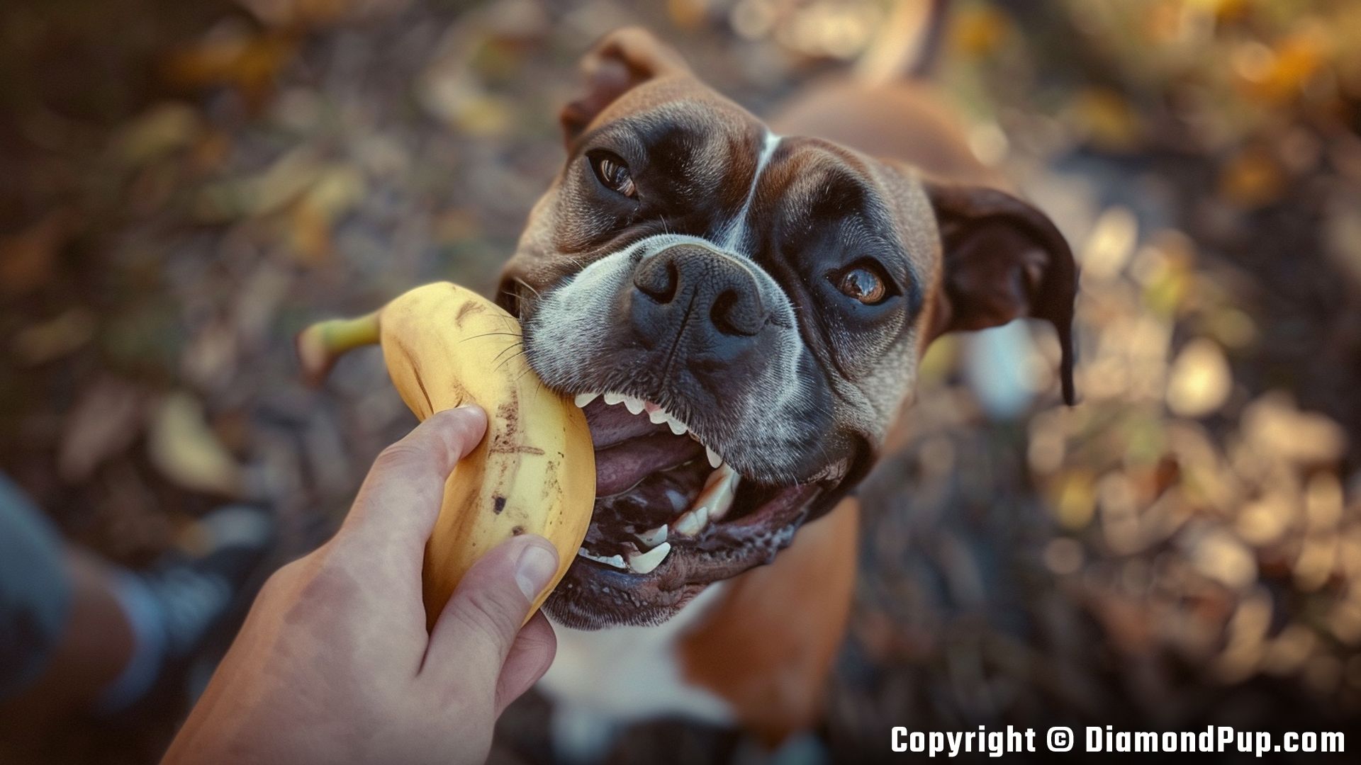 Photo of a Playful Boxer Snacking on Banana