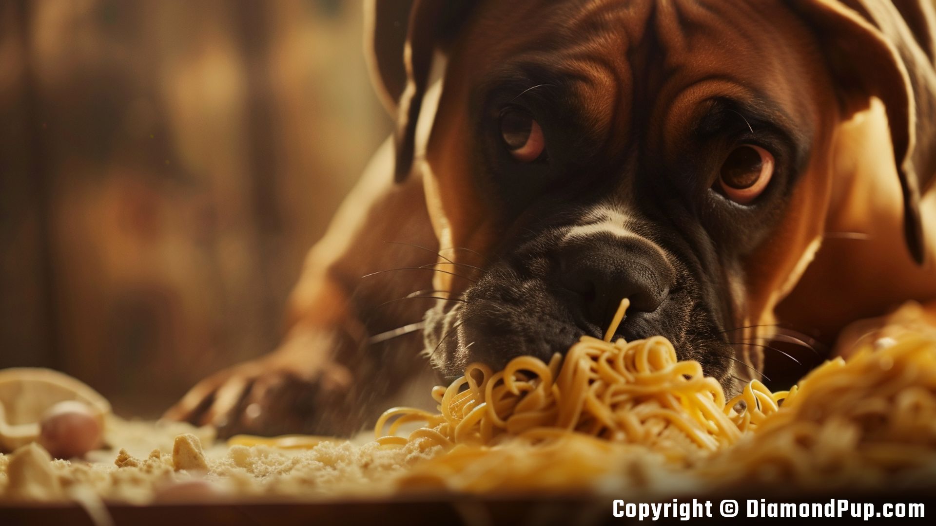 Photo of a Playful Boxer Snacking on Pasta