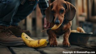 Photo of a Playful Dachshund Eating Banana