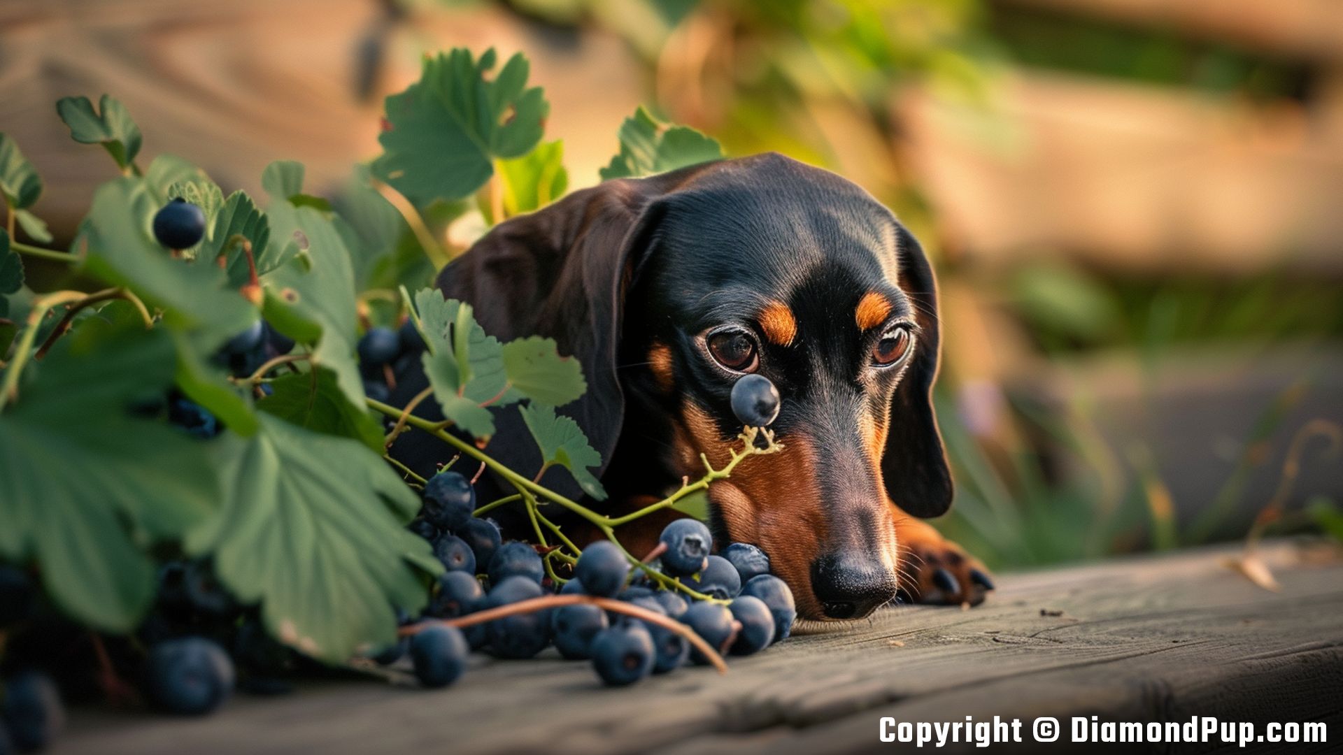 Photo of a Playful Dachshund Eating Blueberries