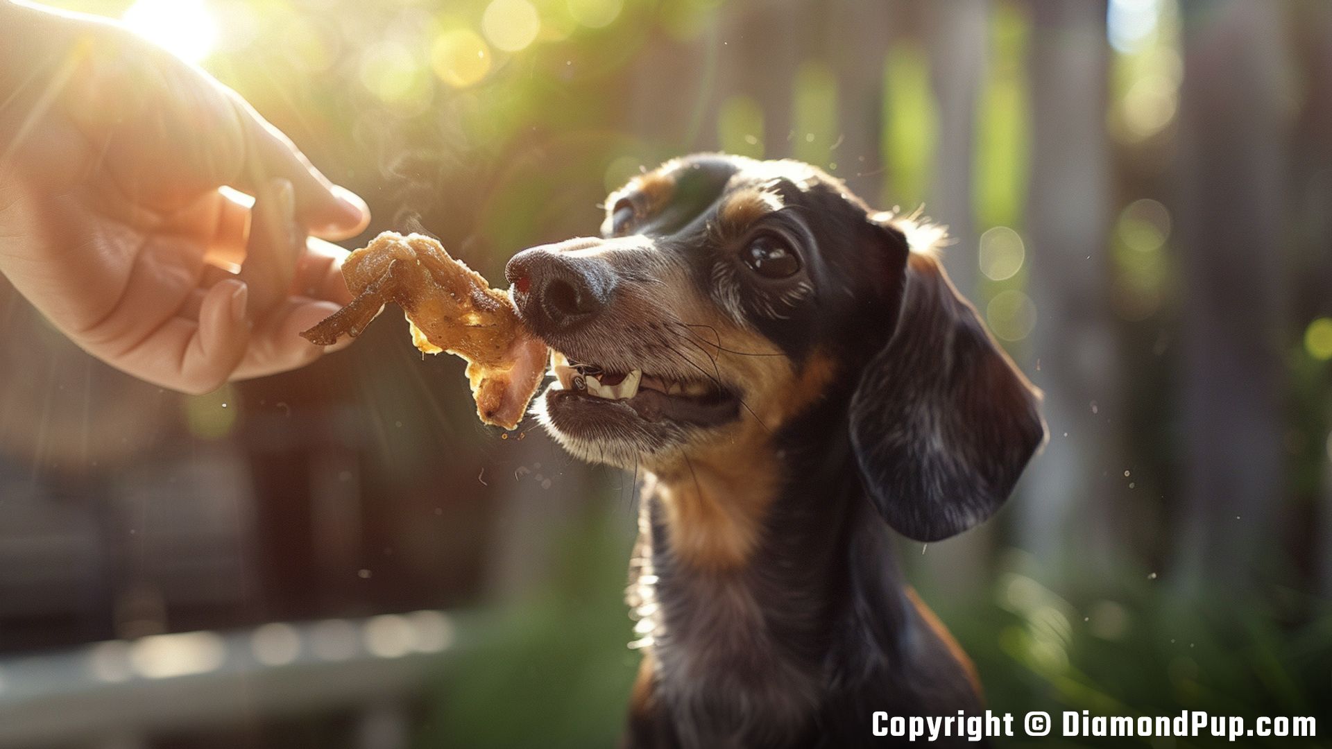 Photo of a Playful Dachshund Eating Chicken