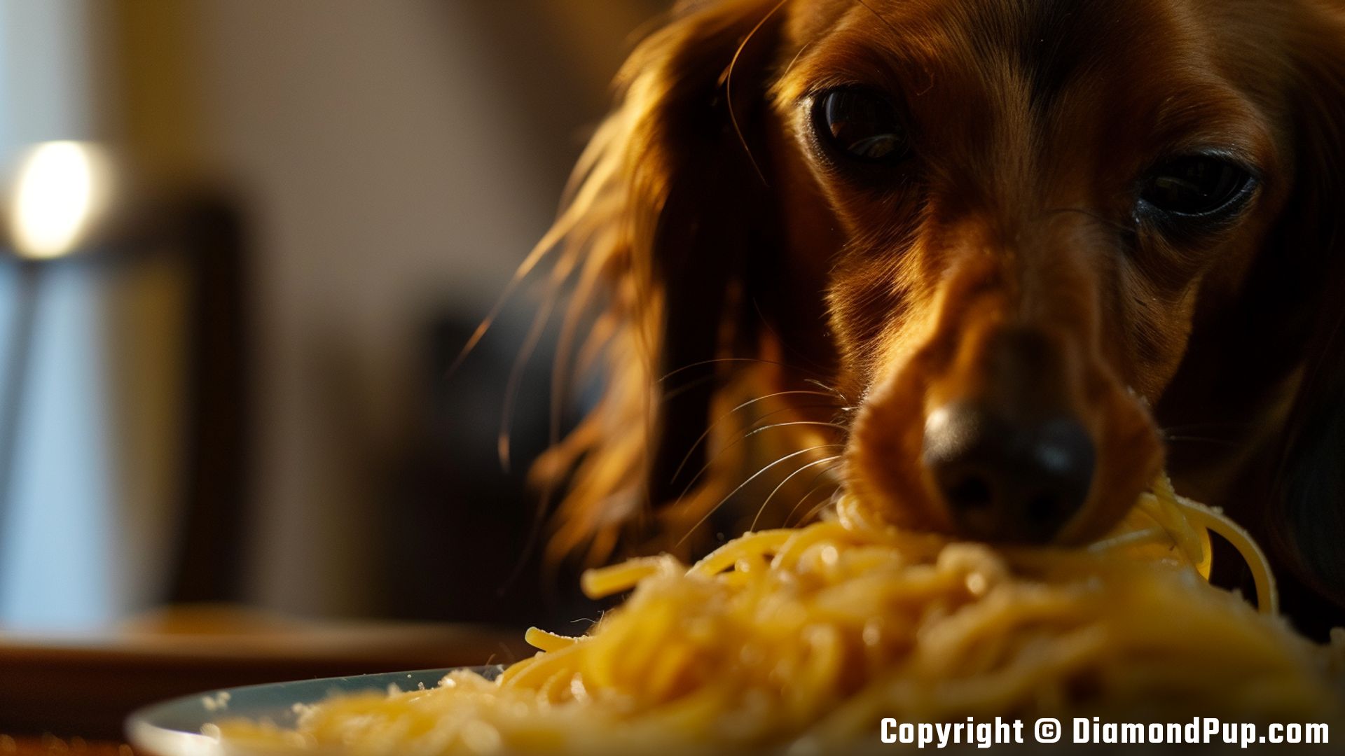 Photo of a Playful Dachshund Eating Pasta