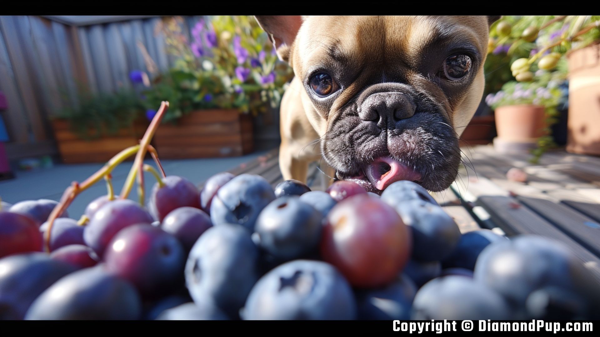 Photo of a Playful French Bulldog Eating Blueberries