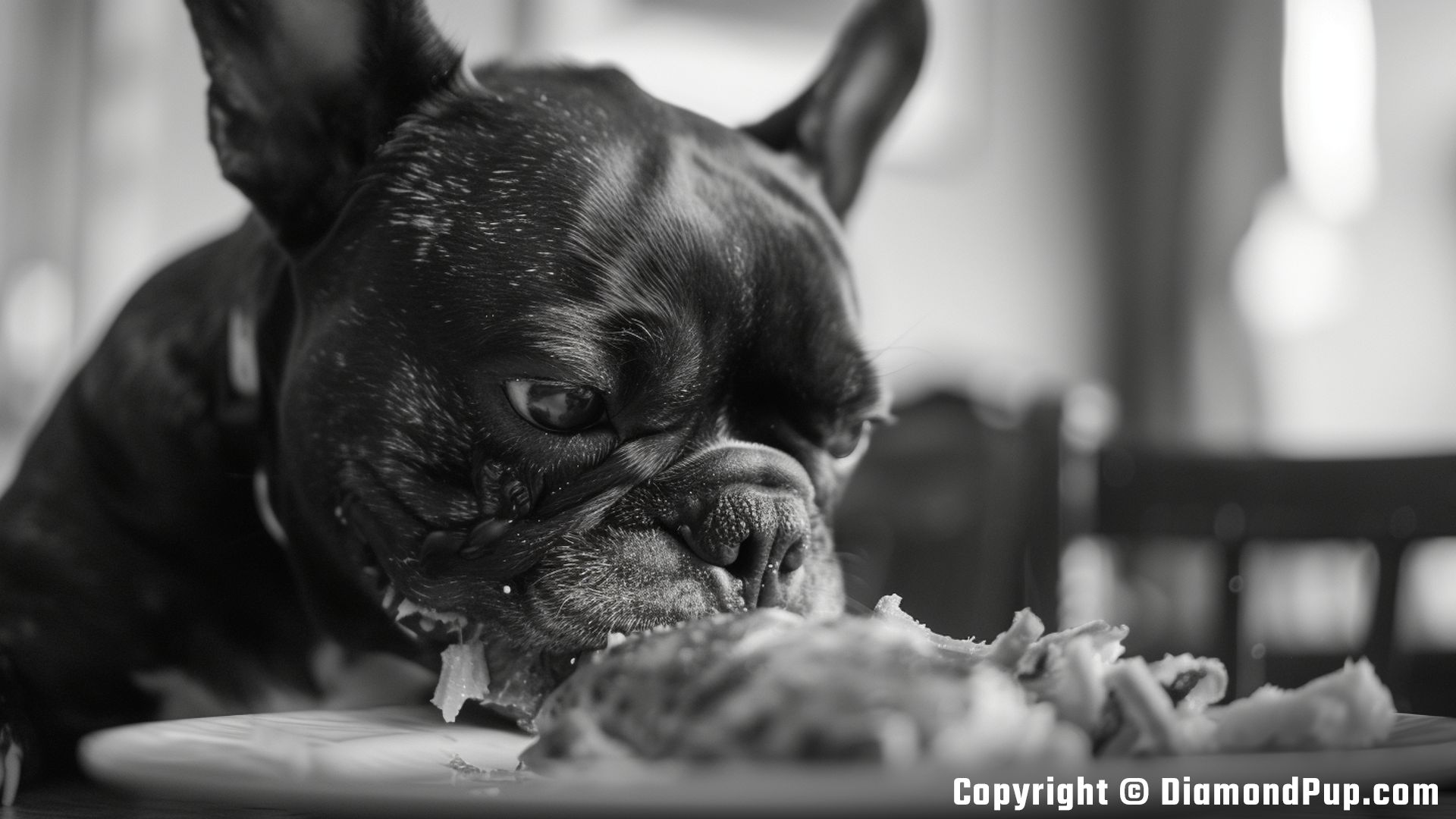 Photo of a Playful French Bulldog Eating Chicken