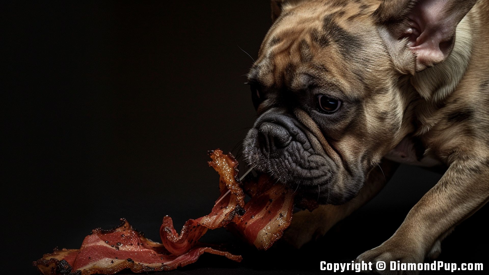 Photo of a Playful French Bulldog Snacking on Bacon