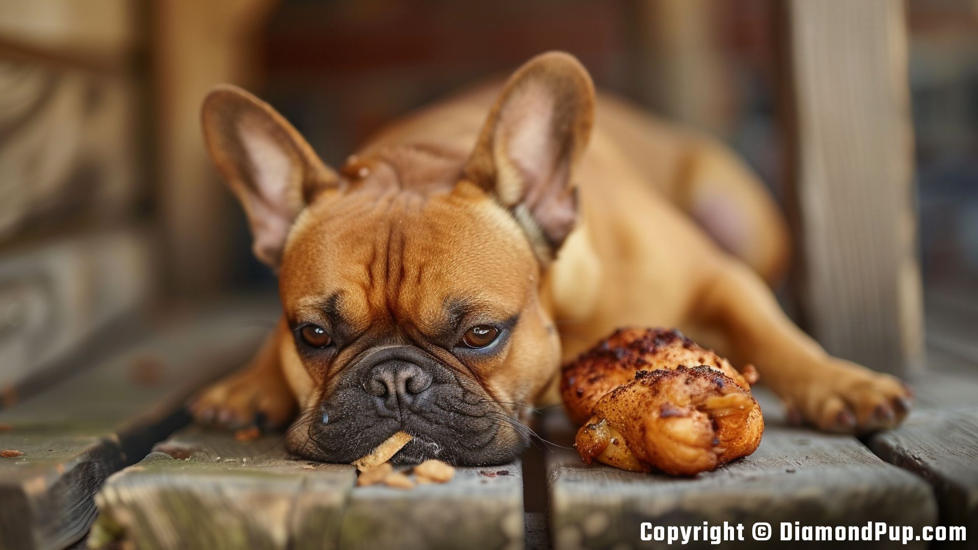 Photo of a Playful French Bulldog Snacking on Chicken