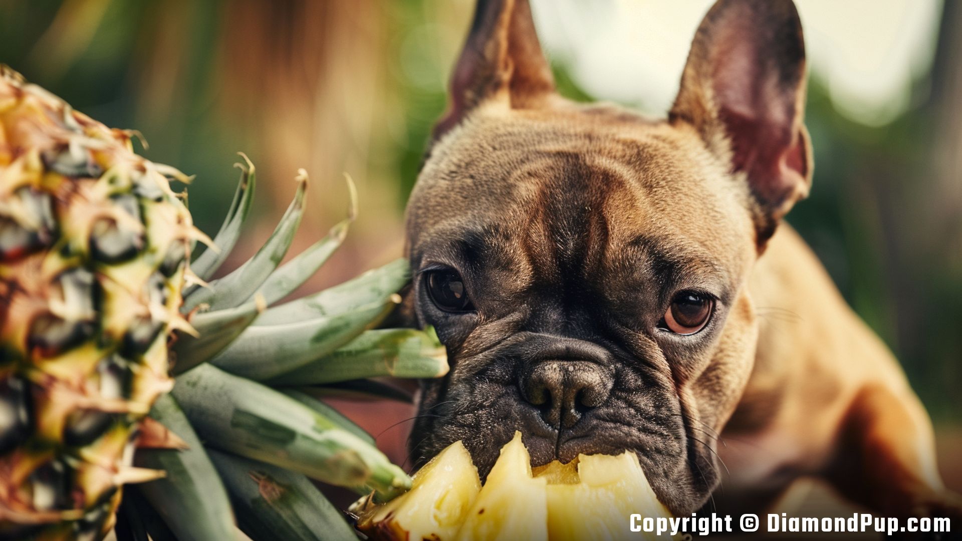 Photo of a Playful French Bulldog Snacking on Pineapple