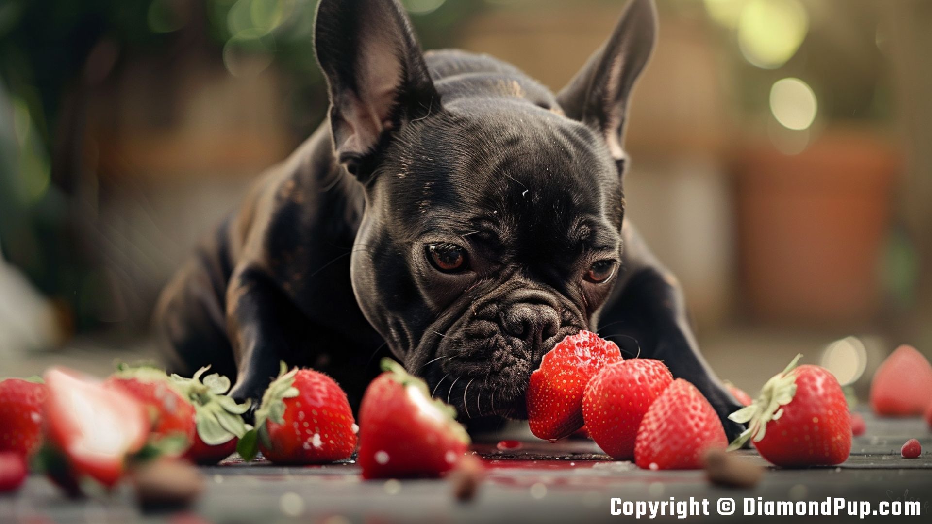 Photo of a Playful French Bulldog Snacking on Strawberries