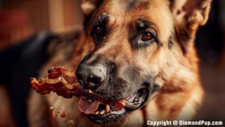 Photo of a Playful German Shepherd Eating Bacon