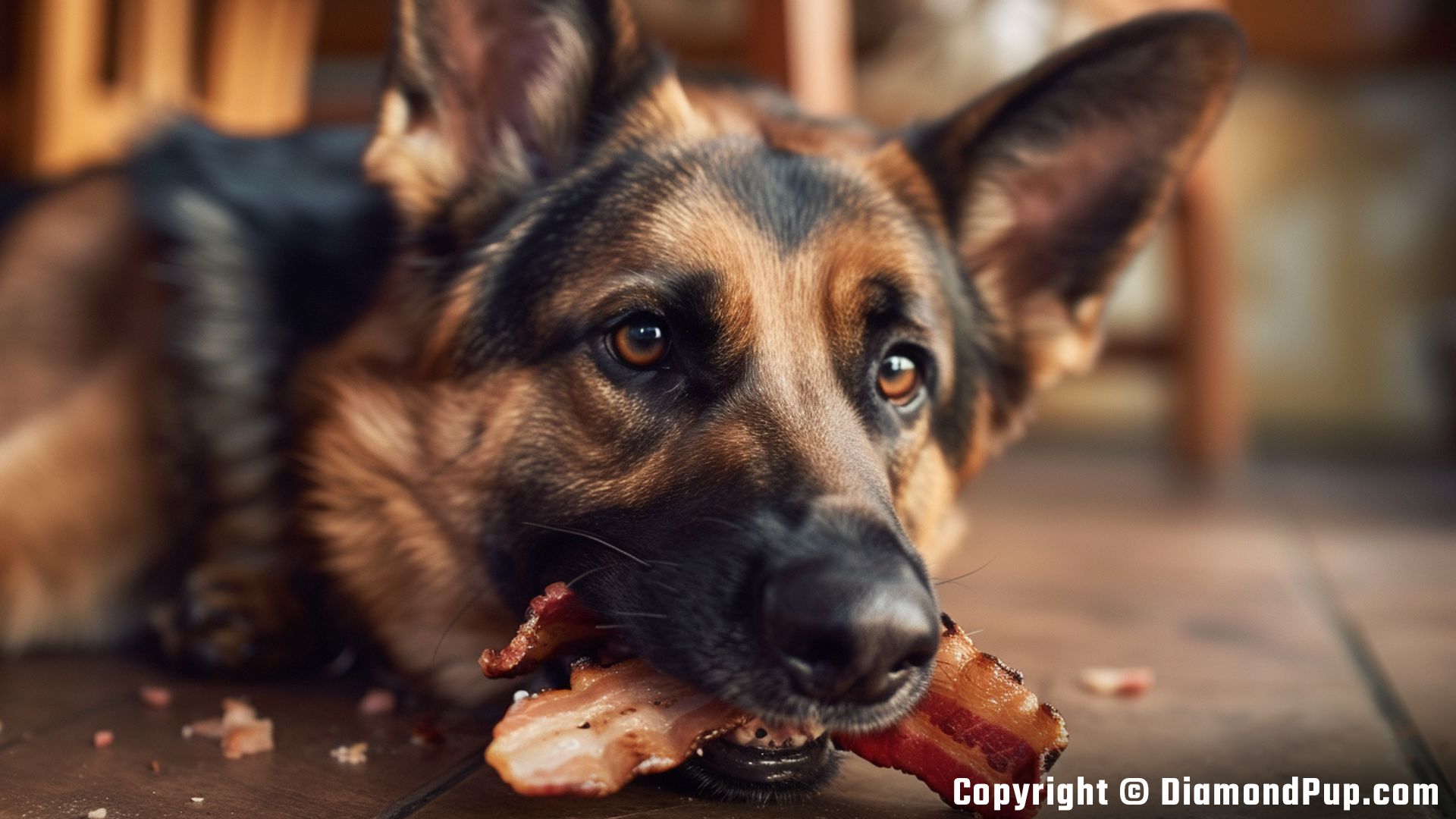 Photo of a Playful German Shepherd Snacking on Bacon