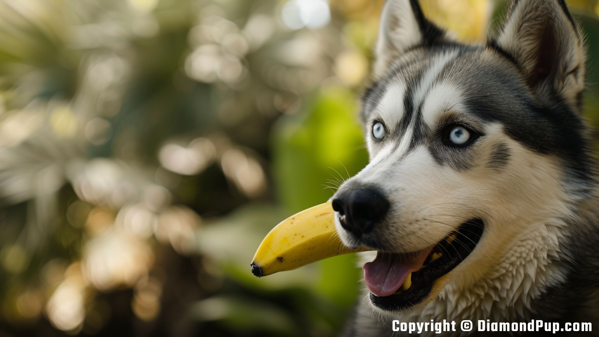 Photo of a Playful Husky Eating Banana