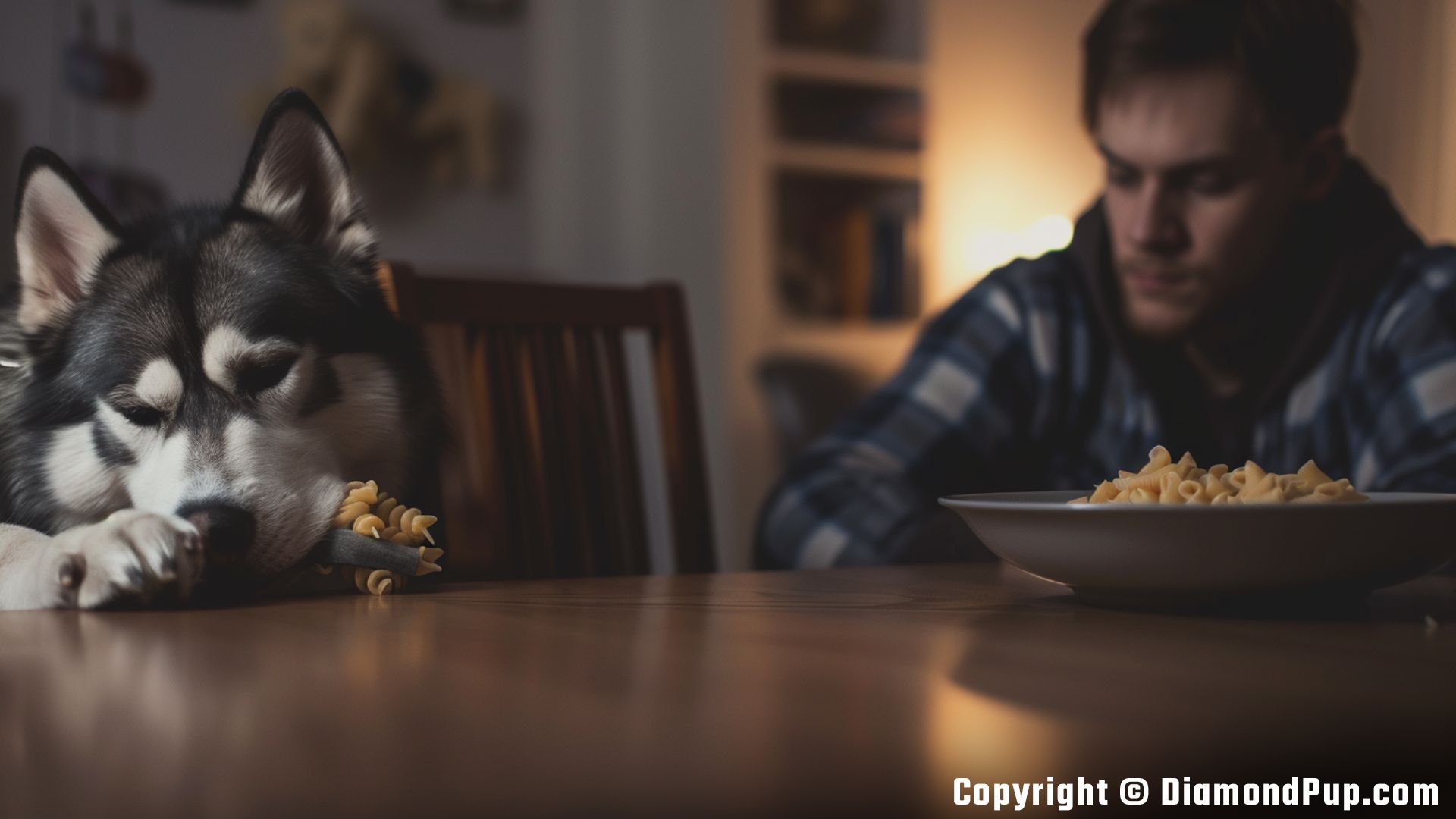 Photo of a Playful Husky Eating Pasta