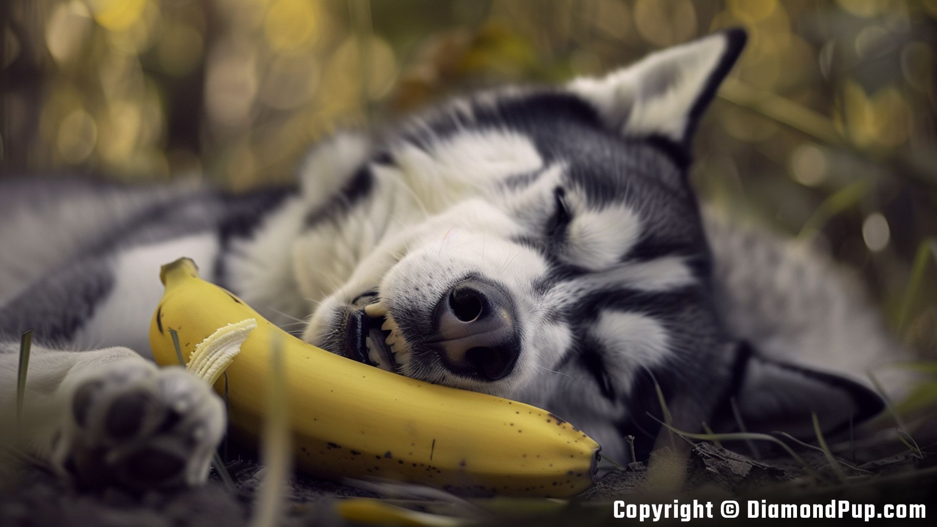 Photo of a Playful Husky Snacking on Banana