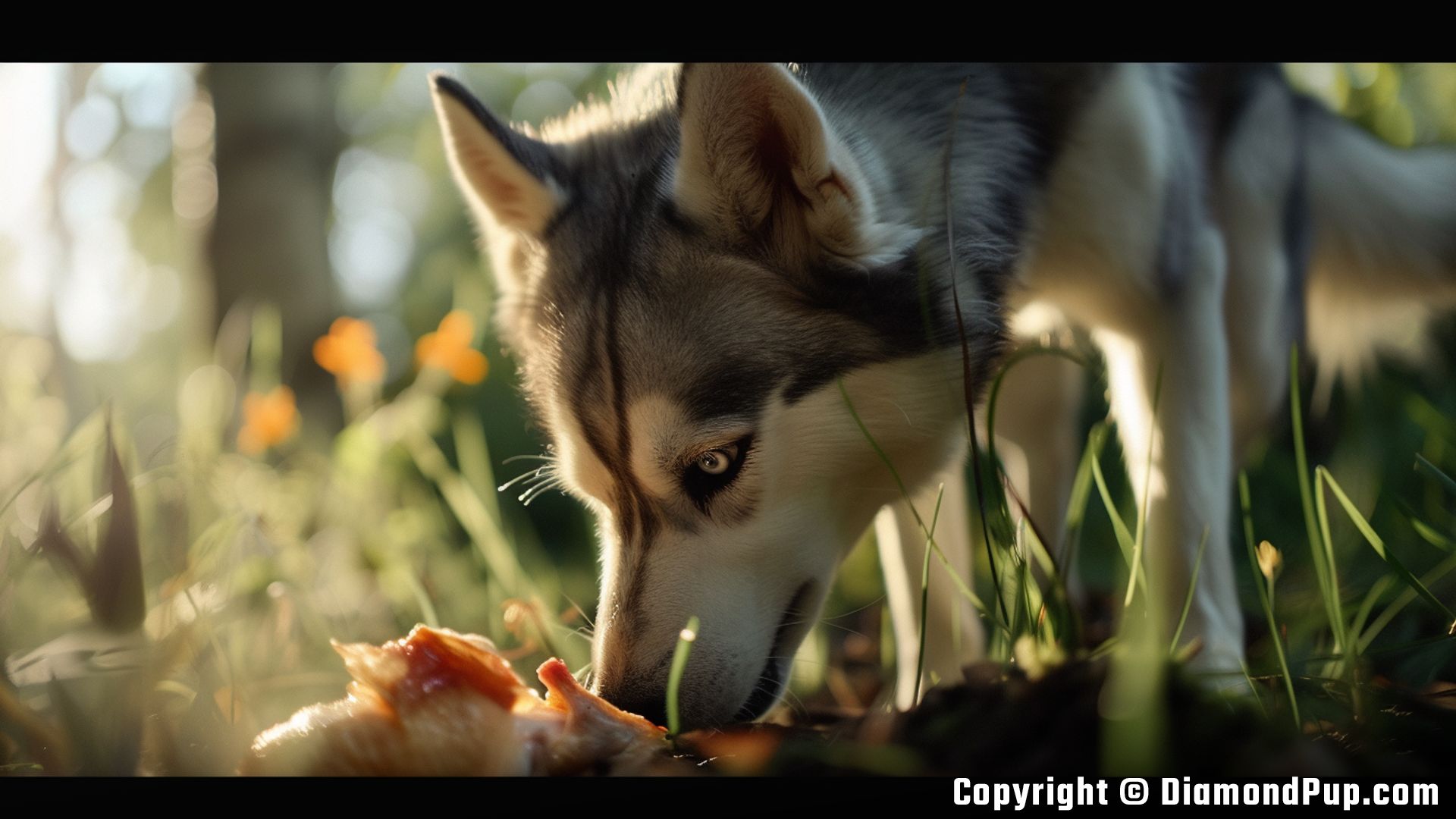 Photo of a Playful Husky Snacking on Chicken