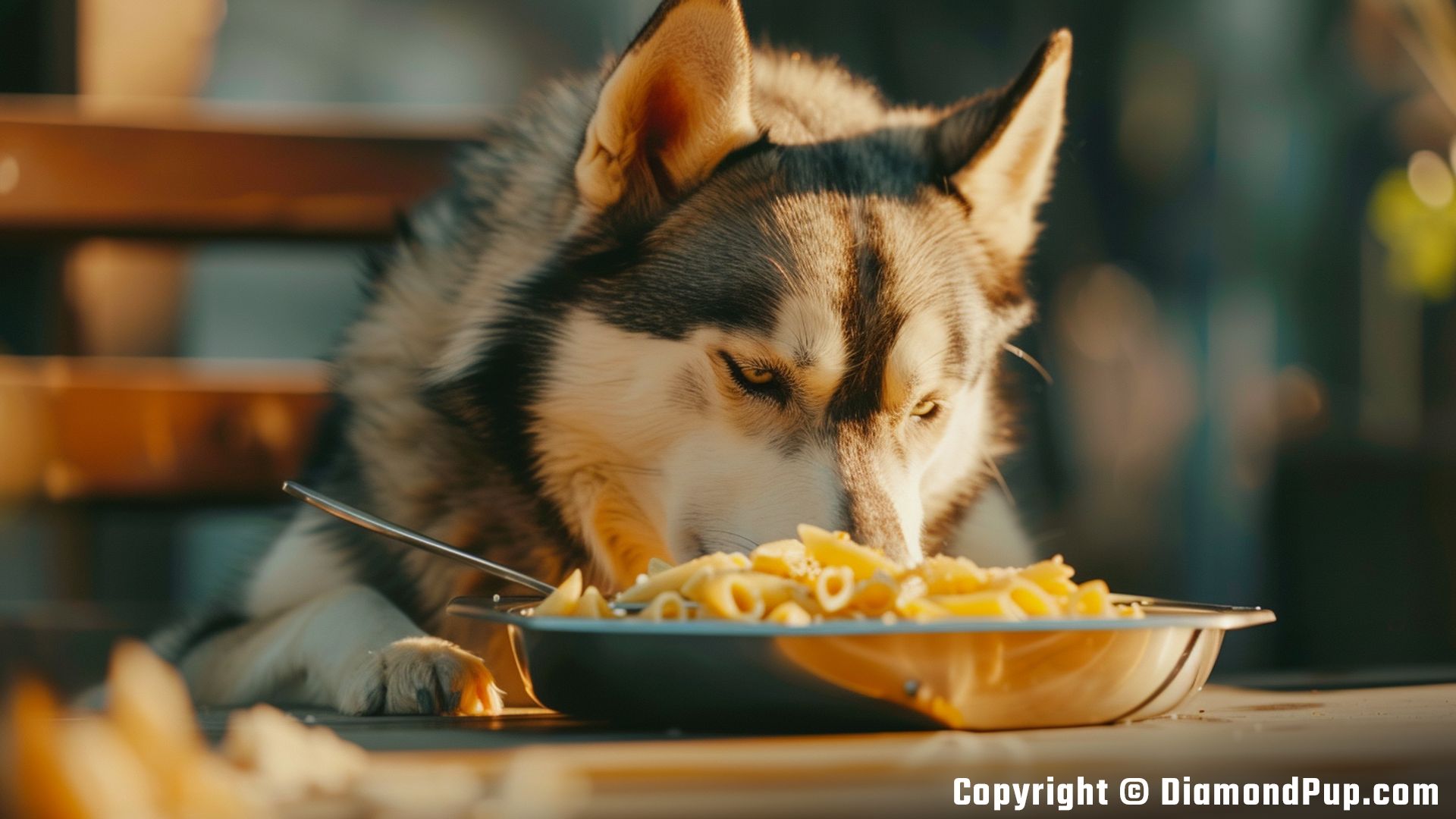 Photo of a Playful Husky Snacking on Pasta
