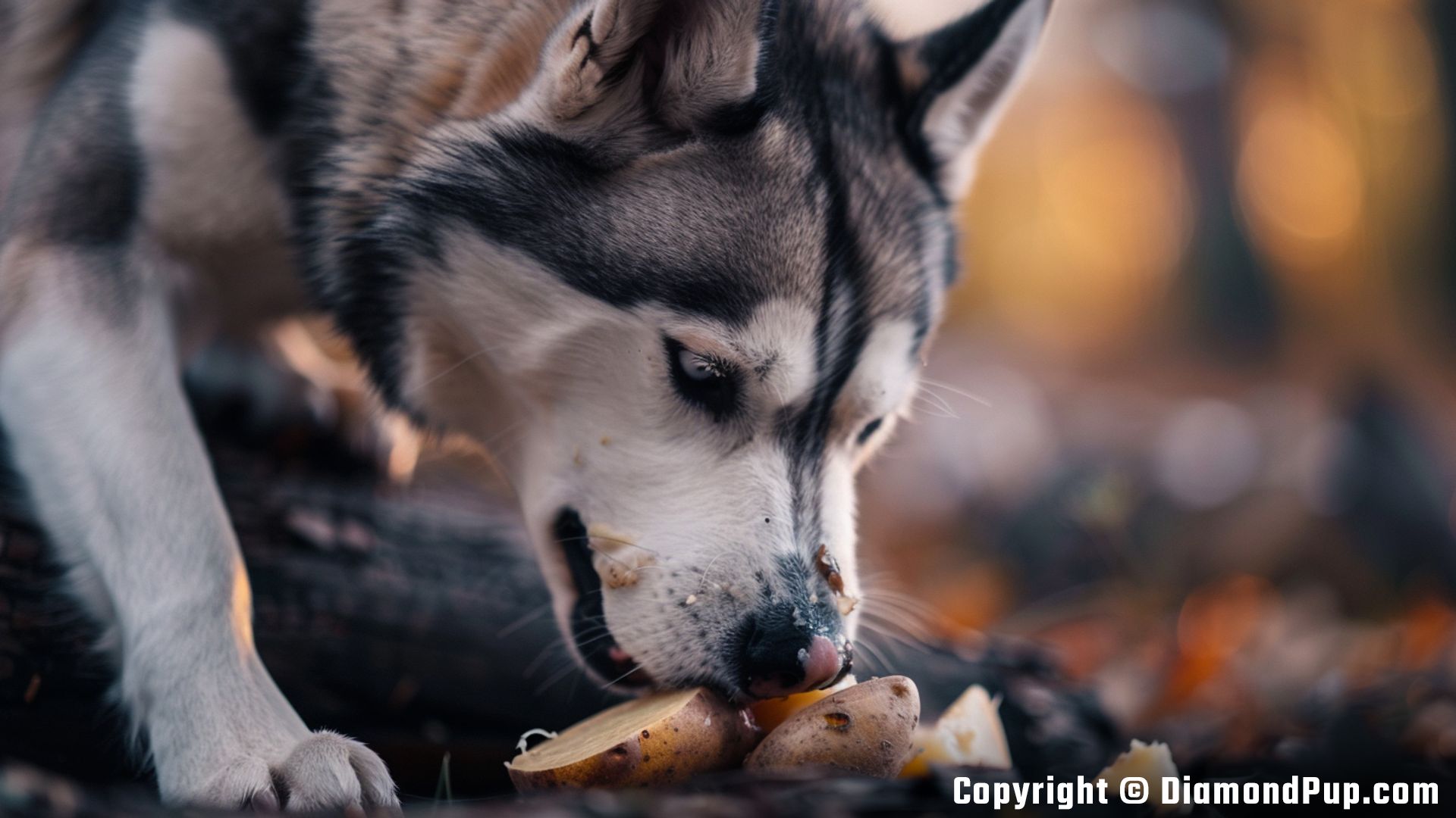 Photo of a Playful Husky Snacking on Potato