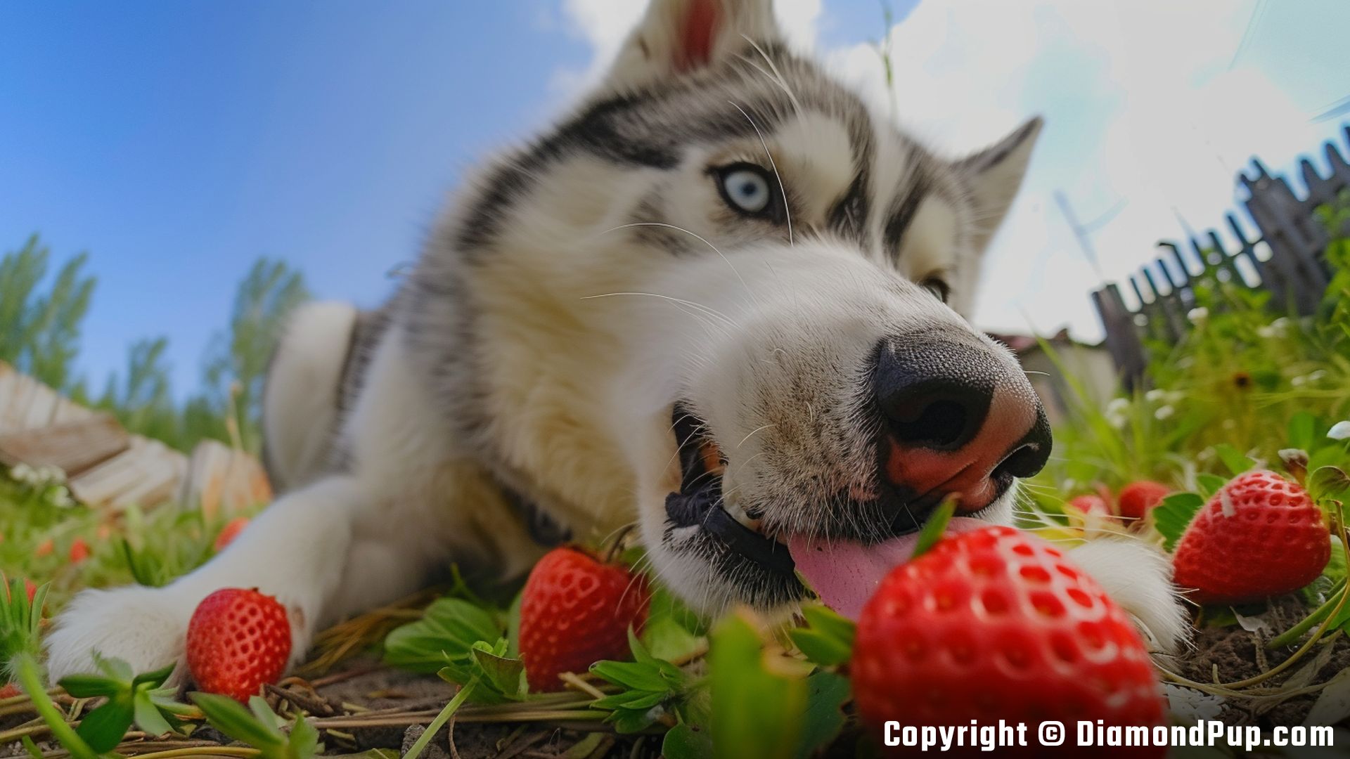 Photo of a Playful Husky Snacking on Strawberries