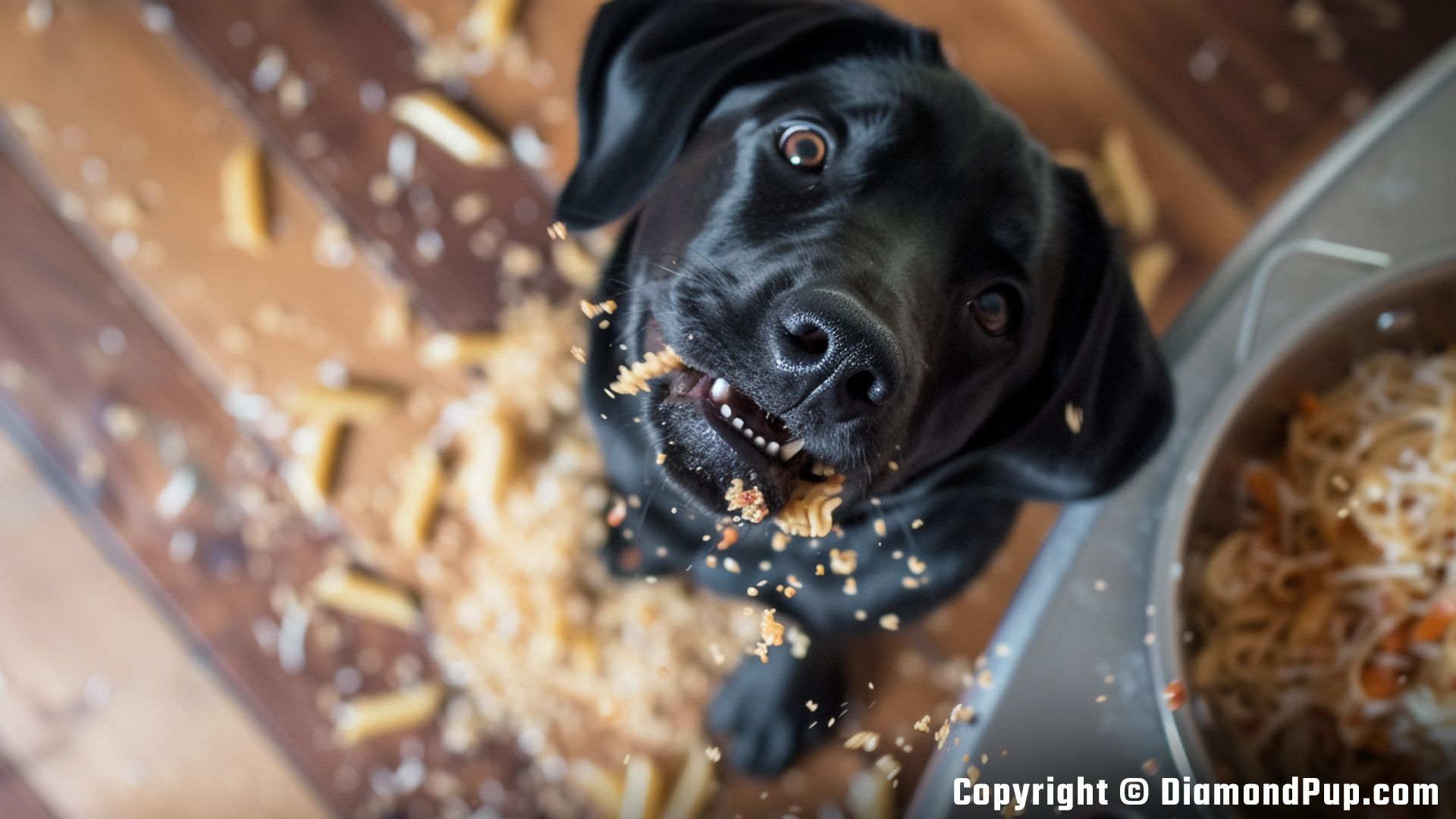 Photo of a Playful Labrador Eating Pasta