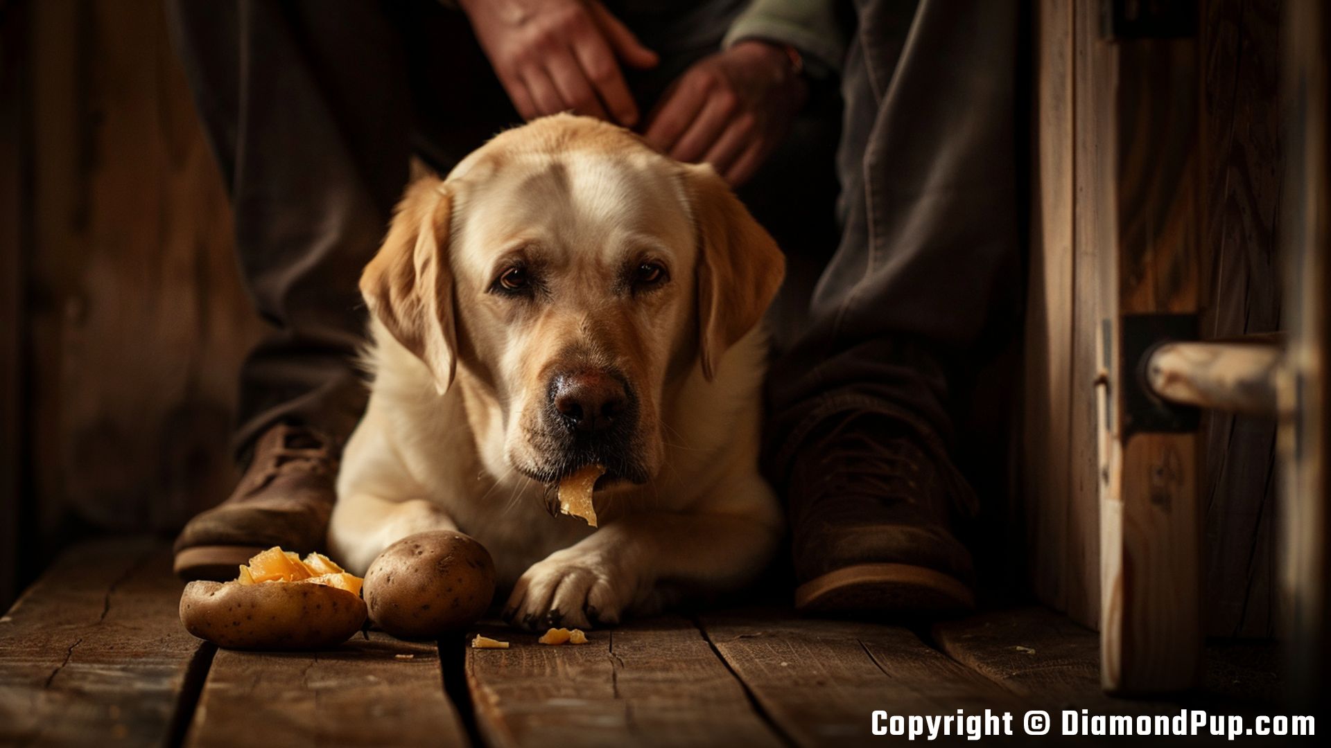 Photo of a Playful Labrador Eating Potato