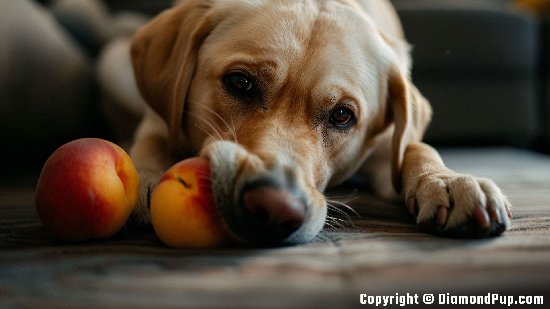 Photo of a Playful Labrador Snacking on Peaches