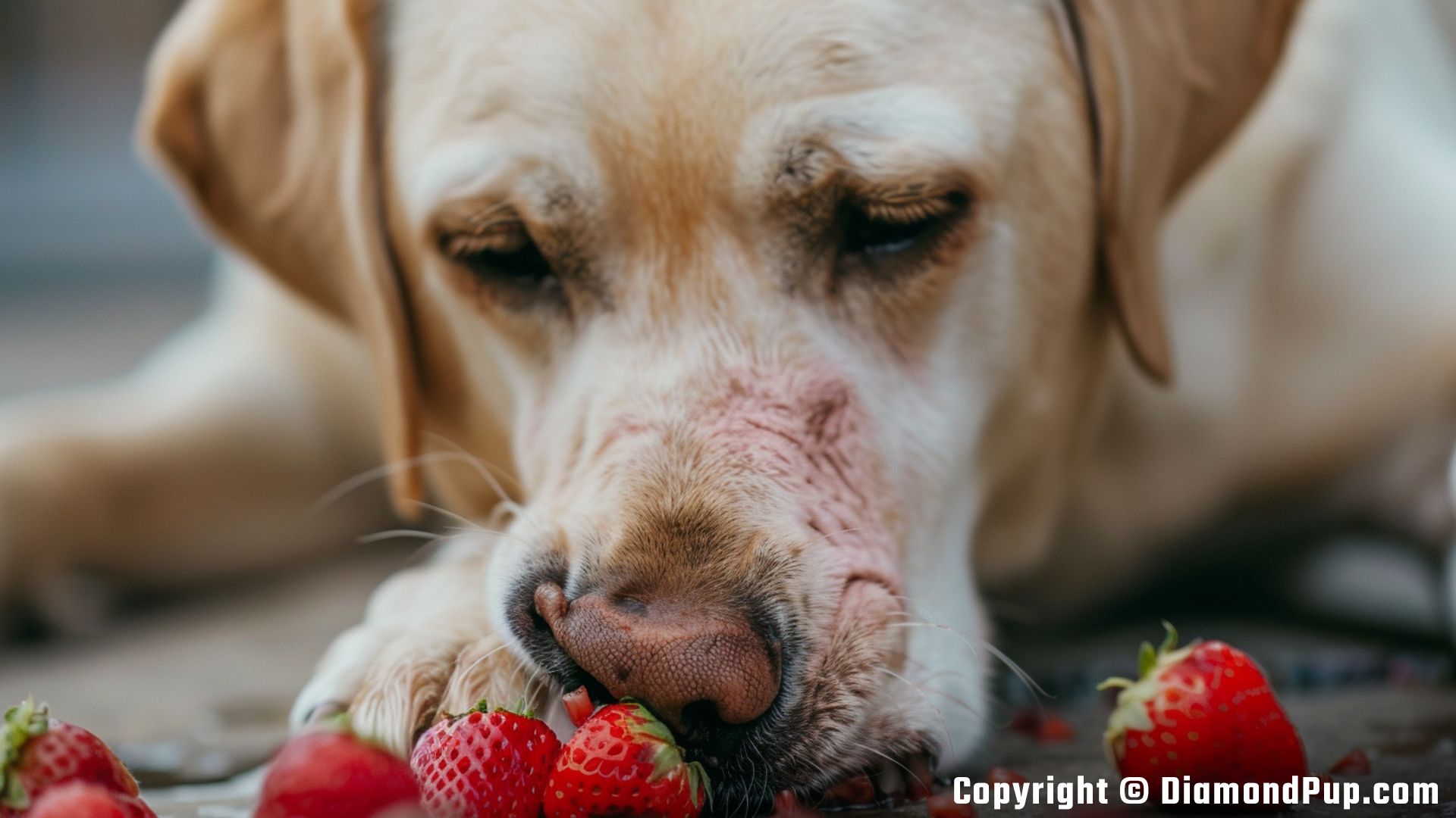 Photo of a Playful Labrador Snacking on Strawberries