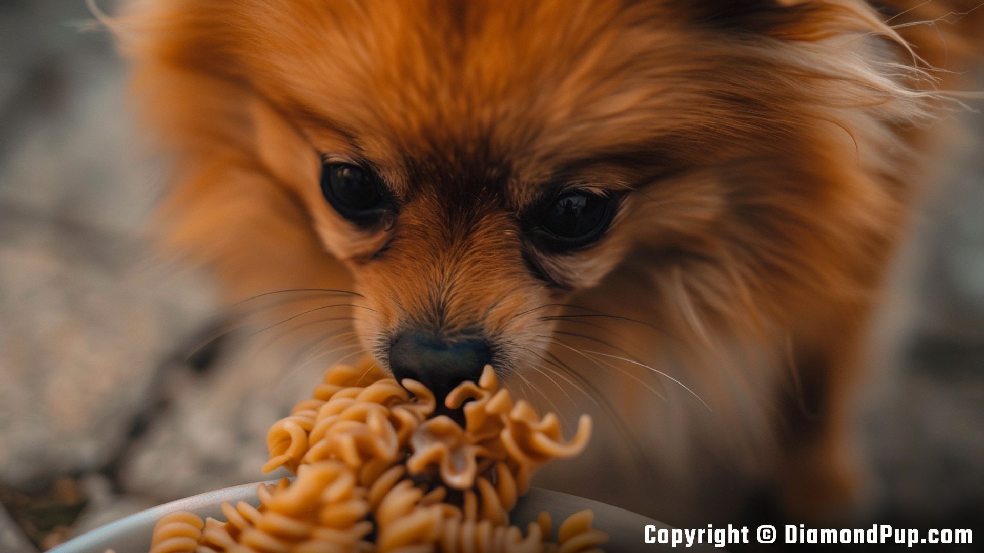 Photo of a Playful Pomeranian Eating Pasta