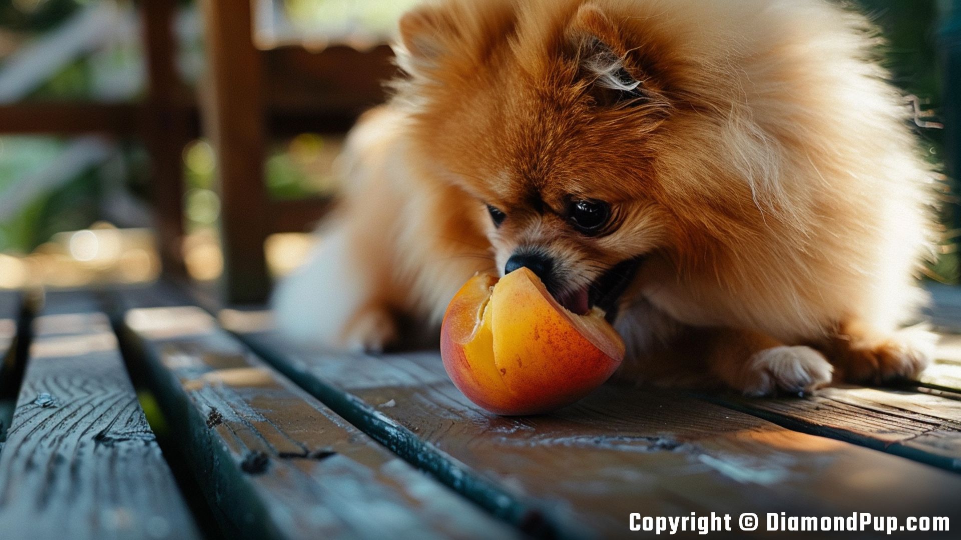 Photo of a Playful Pomeranian Snacking on Peaches