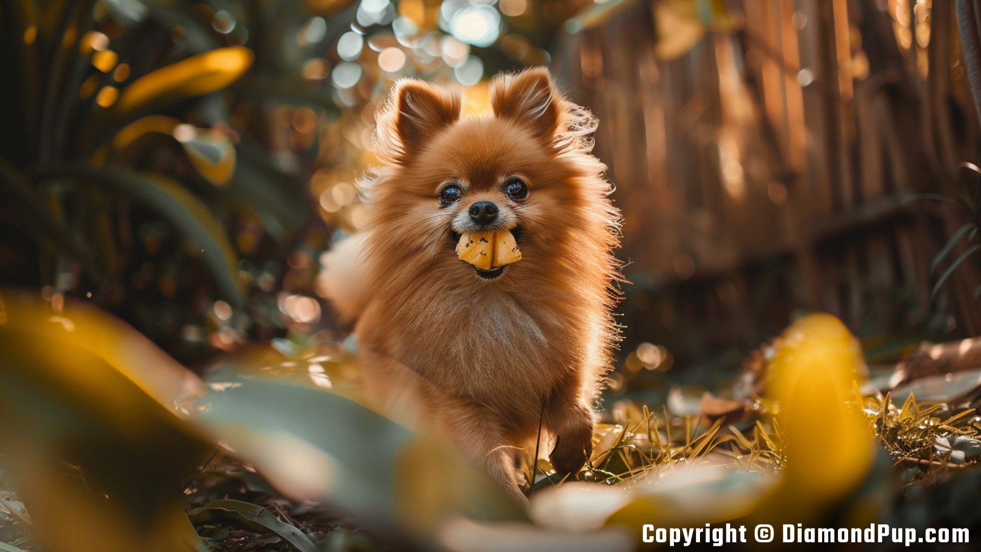 Photo of a Playful Pomeranian Snacking on Pineapple