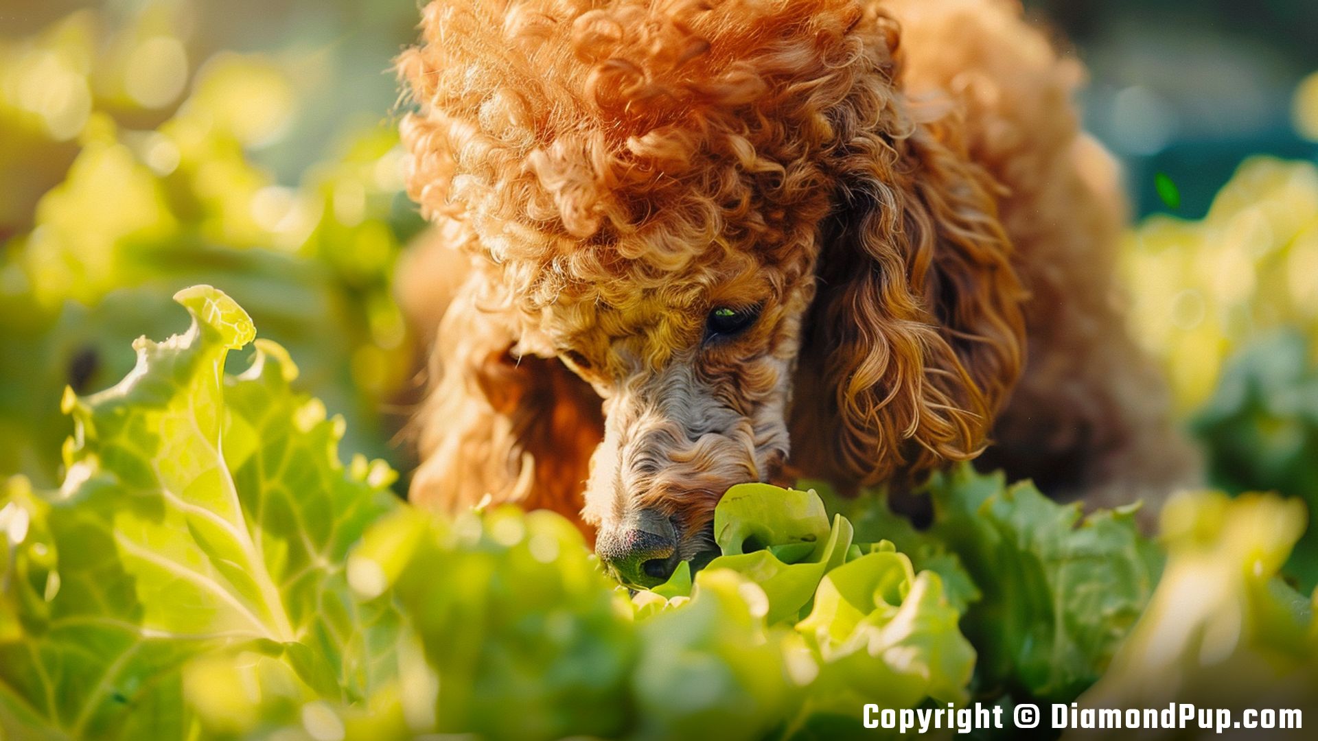 Photo of a Playful Poodle Eating Lettuce