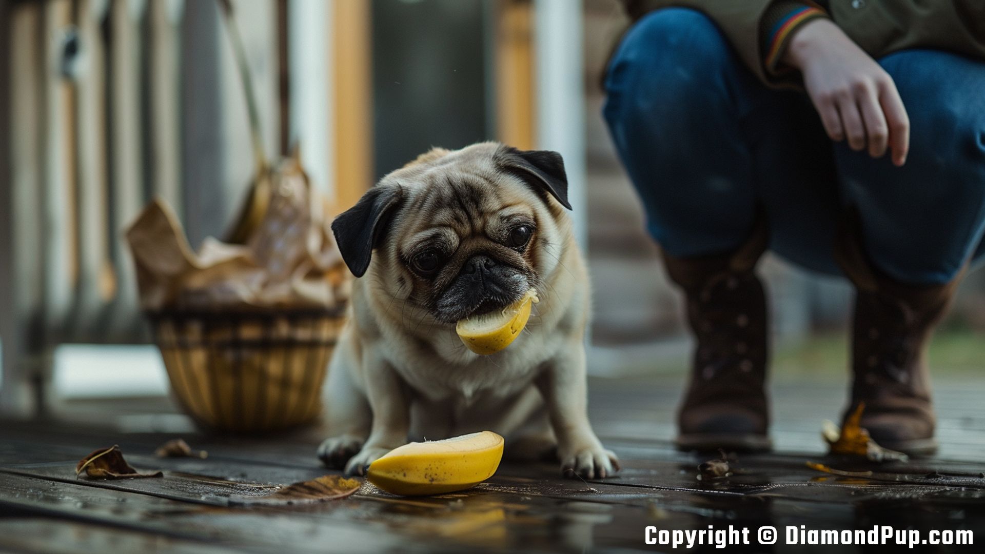 Photo of a Playful Pug Eating Banana