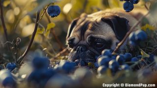 Photo of a Playful Pug Eating Blueberries