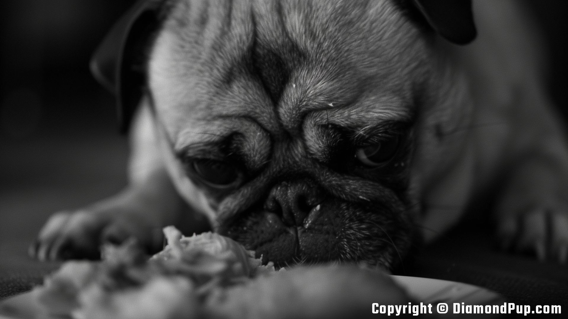 Photo of a Playful Pug Eating Chicken