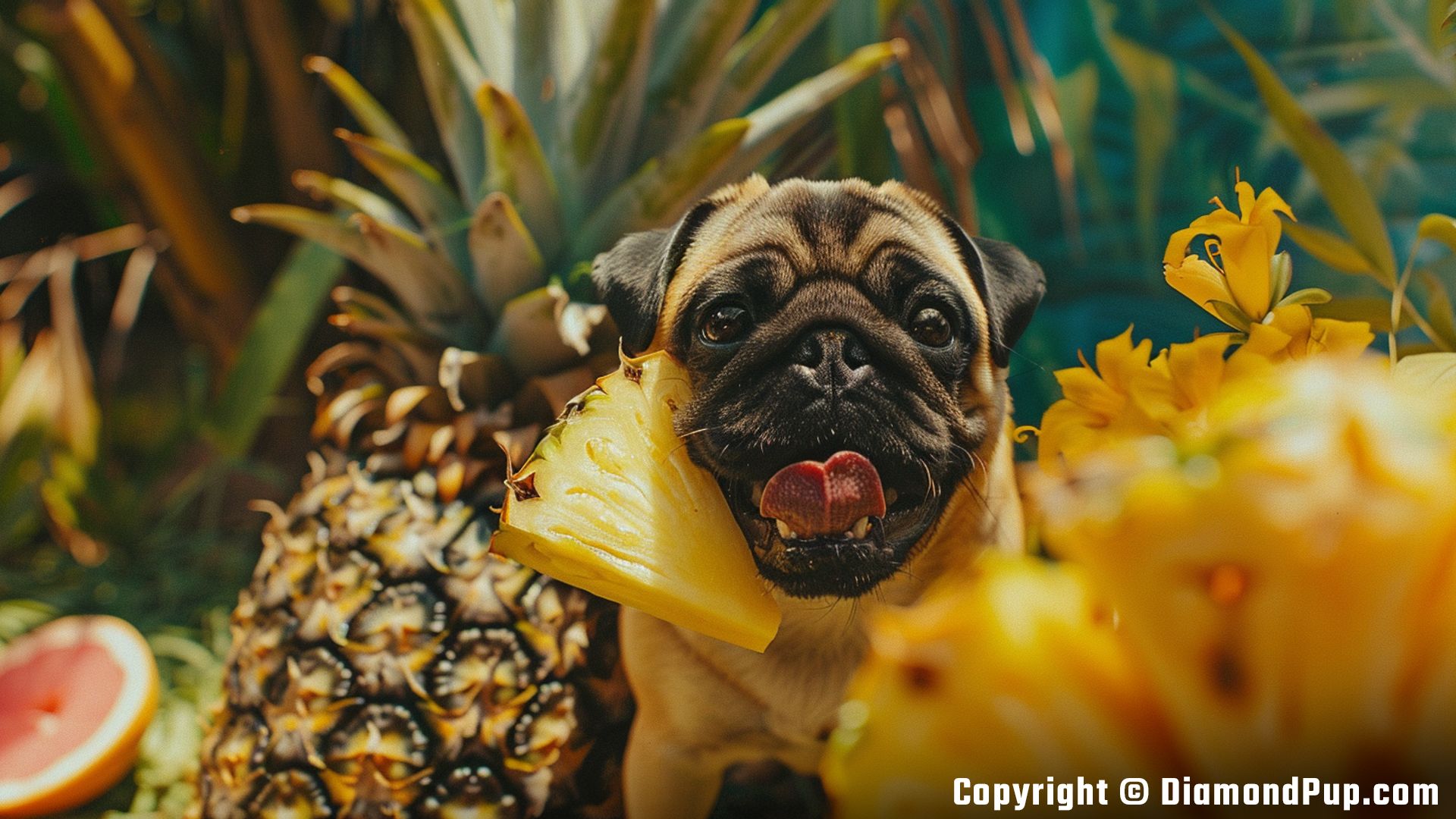 Photo of a Playful Pug Eating Pineapple