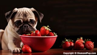 Photo of a Playful Pug Eating Strawberries
